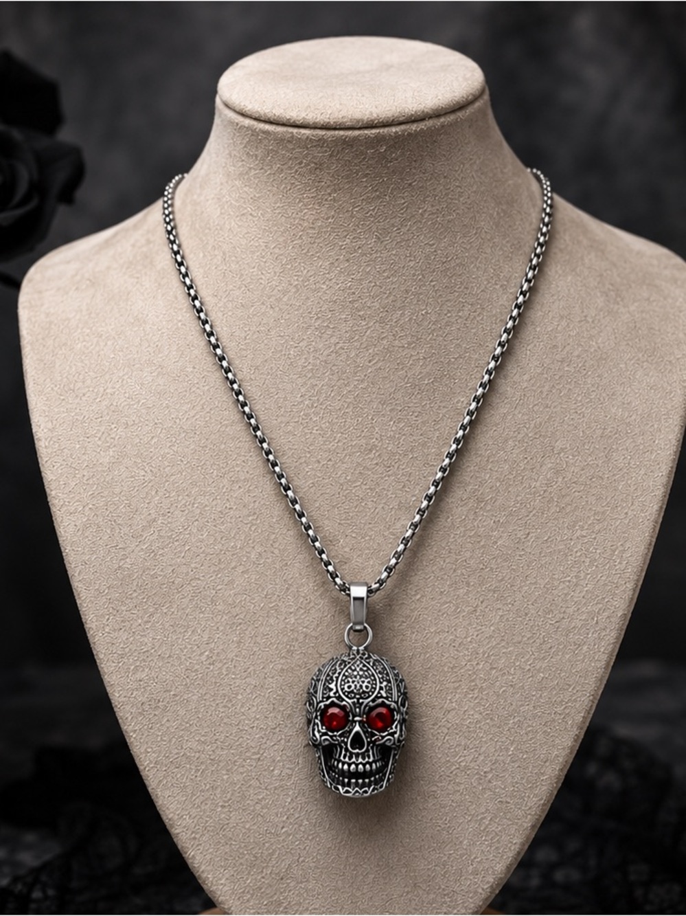 Silver Skull Pendant Necklace with Red Eyes - Men's Accessory